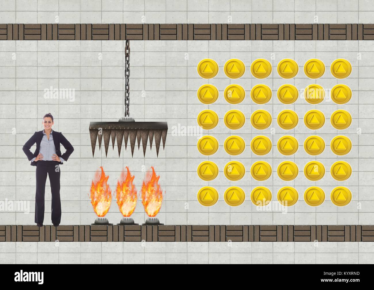 Geschäftsfrau in Computer Game Level mit Münzen und Traps Stockfoto