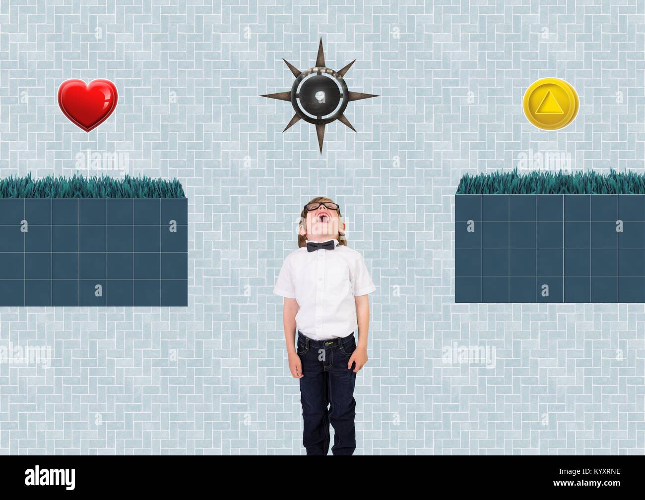 Junge in Computer Game Level mit Collectibles und Traps Stockfoto