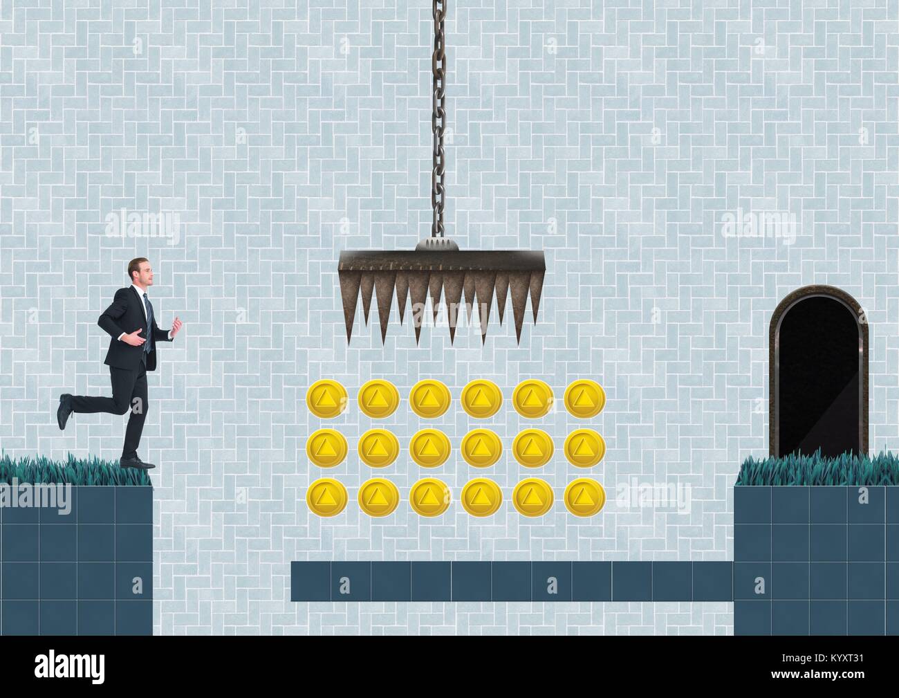 Geschäftsmann in Computer Game Level mit Münzen und Traps Stockfoto