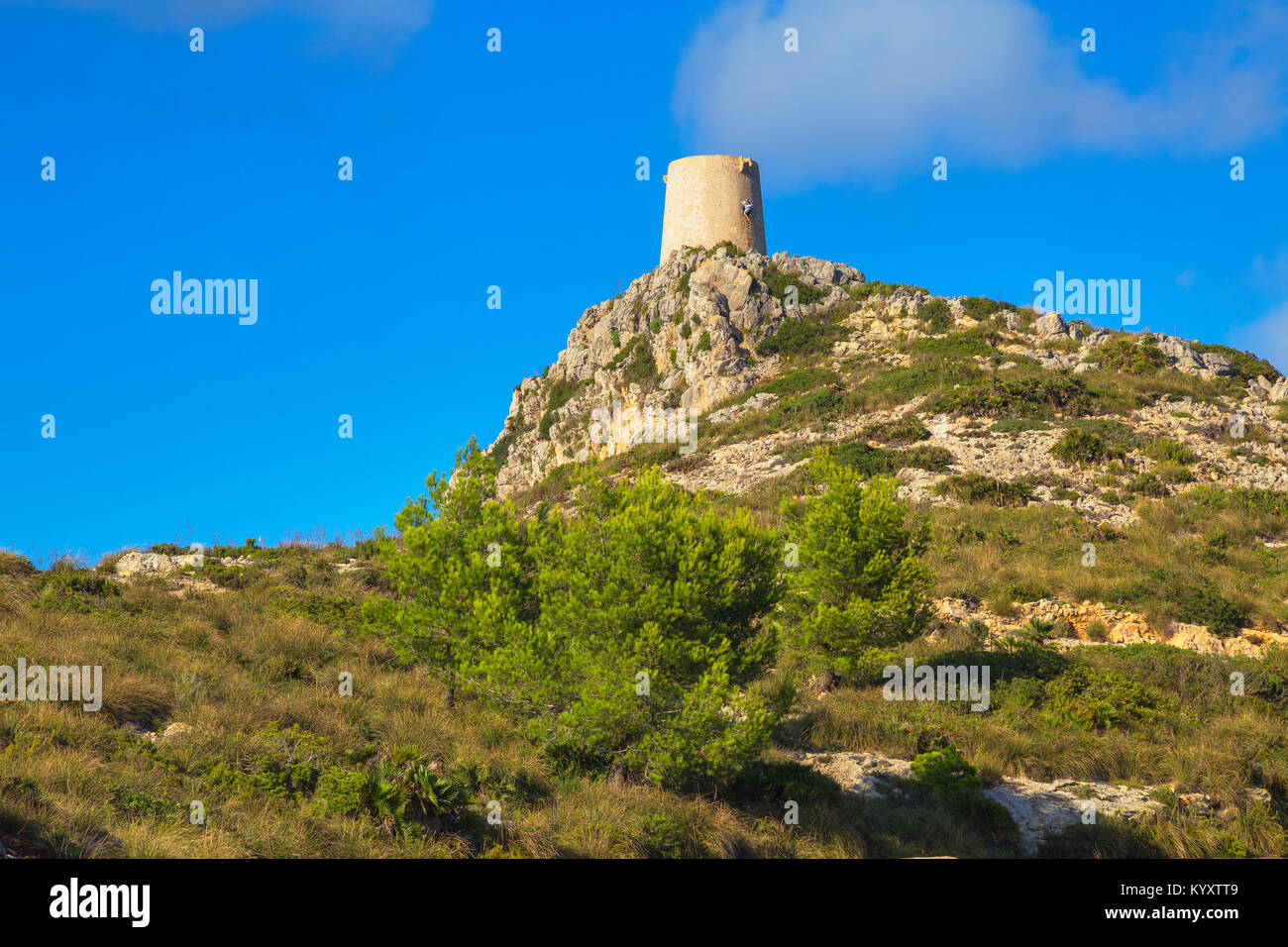 Alten Aussichtsturm der Talayot de Almallutx, Cap de Formentor, Mallorca, Balearen, Spanien, Europa Stockfoto