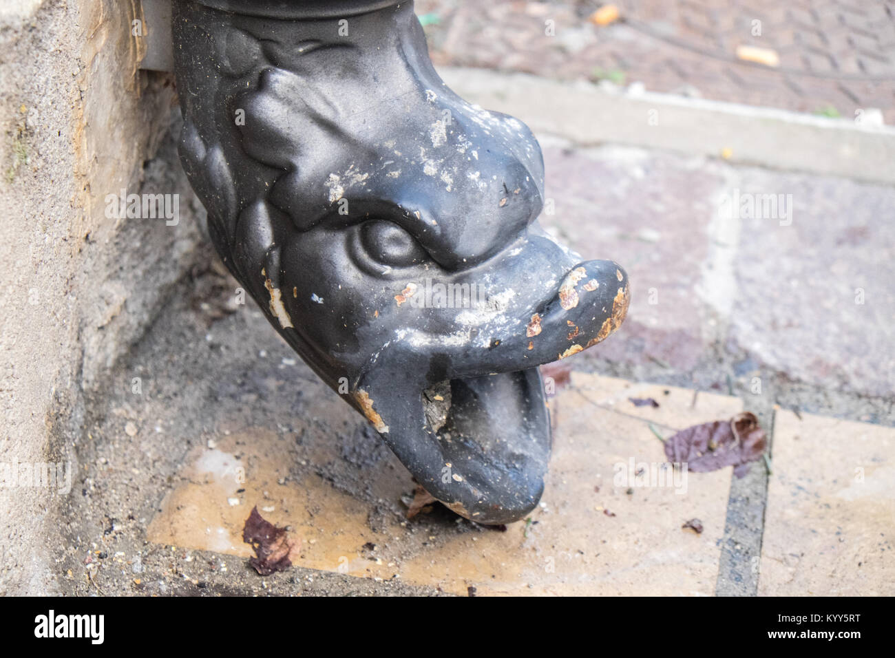 Detail, von, Sturm, dekorative Drachen, Kopf, Am, Auslauf eines, Fallrohr, ablassen, unten, Rohr, in, altes, Stadt, von, Carcassonne, Stockfoto