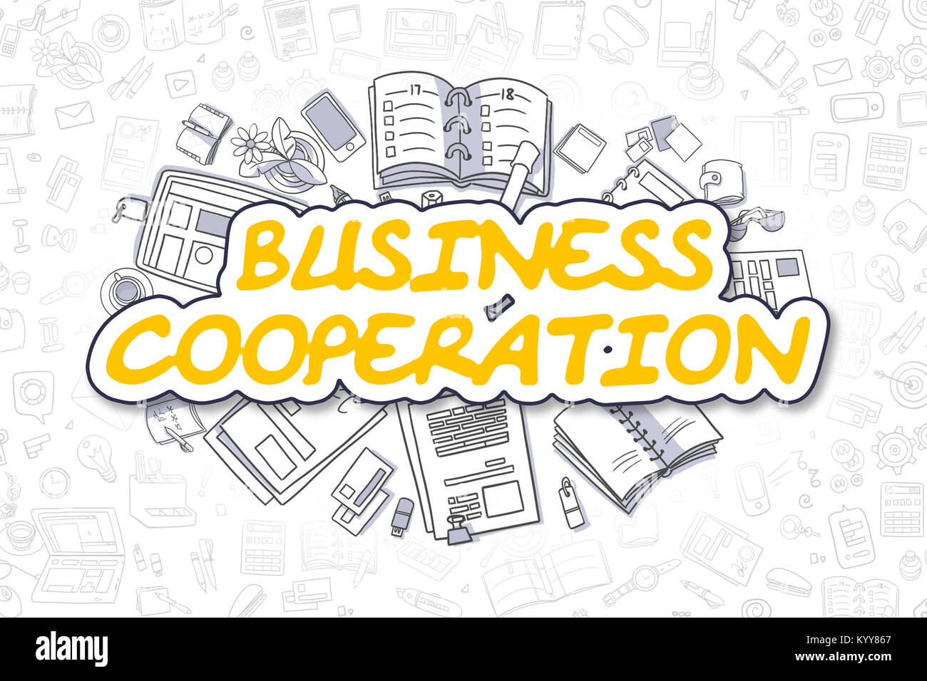 Die Zusammenarbeit von Unternehmen - Doodle gelben Text. Geschäftskonzept. Stockfoto