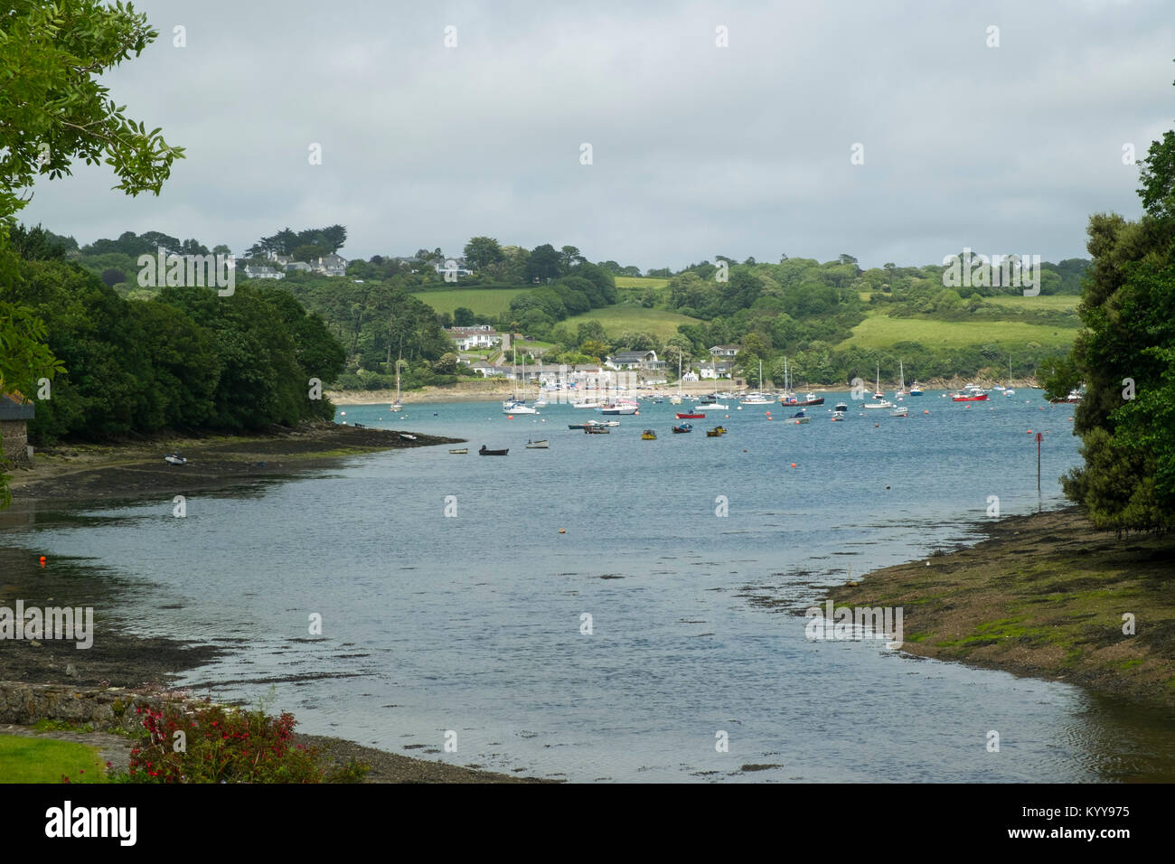 In der Mündung des Helford aus dem Dorf Helford auf die vielen kleinen Boote bei moorings um Helford Passage, Cornwall, Großbritannien Stockfoto