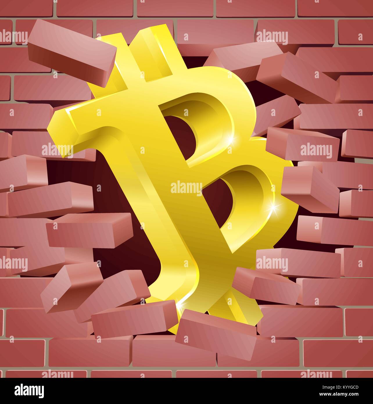 Bitcoin Zeichen brechen durch die Wand Konzept Stock Vektor