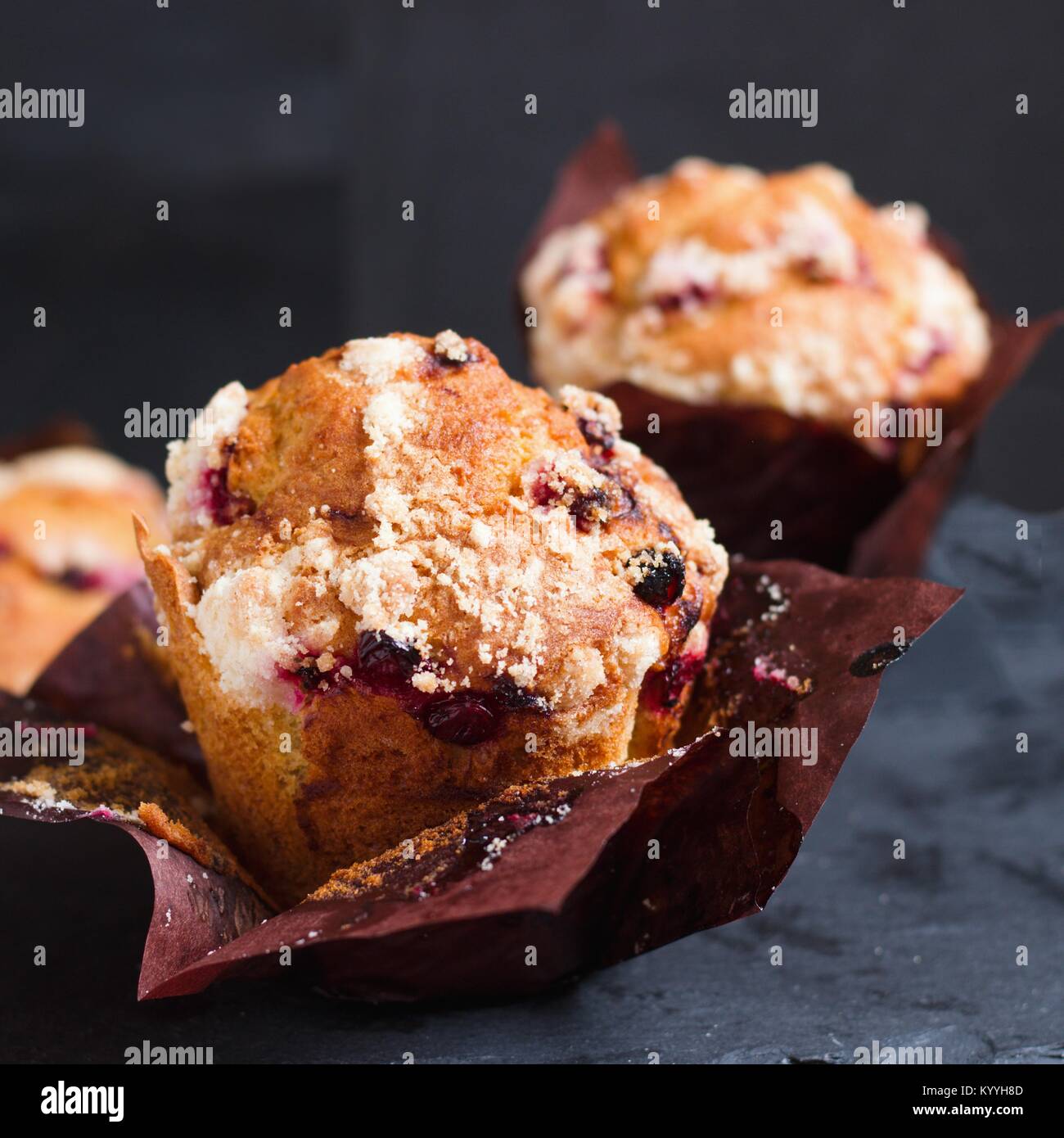 Zwei Muffins mit Preiselbeeren in Papier. Low Key. Schwarzen Hintergrund. Square Erntegut Stockfoto