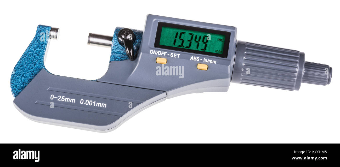 Digitale Mikrometer für die präzise Messung. Das Messwerkzeug mit Grün auf weißem Hintergrund. Stockfoto