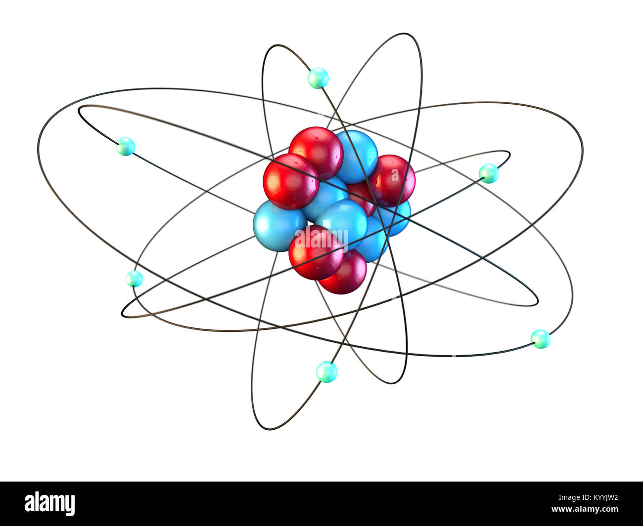 Kohlenstoffatom, die sechs Elektronen umkreisen sechs Protonen und sechs Neutronen, Chemie Chemisches Element Stockfoto