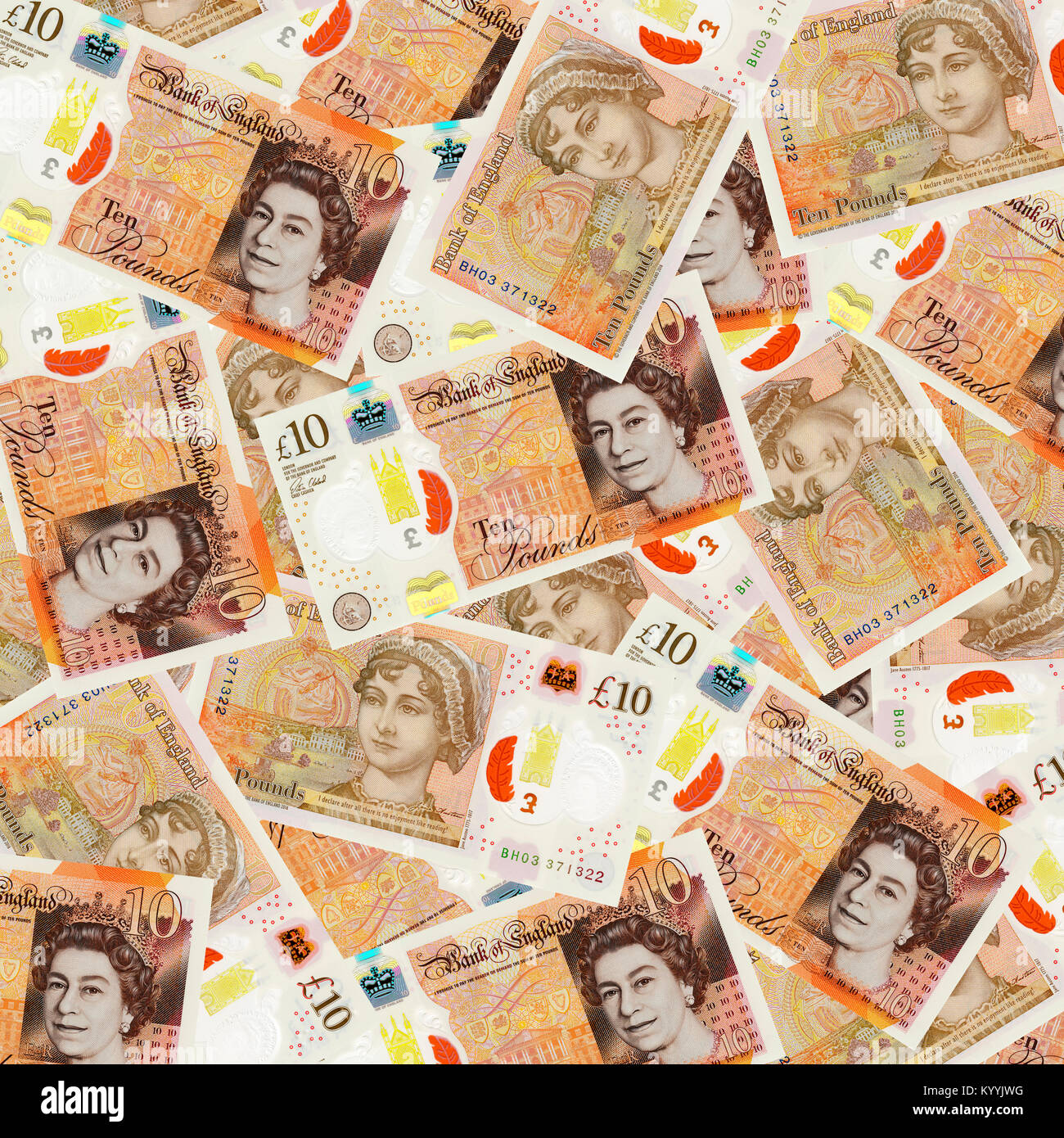 Britische zehn 10 Pfund Sterling Notizen Overhead - neues Design 2017 Stockfoto