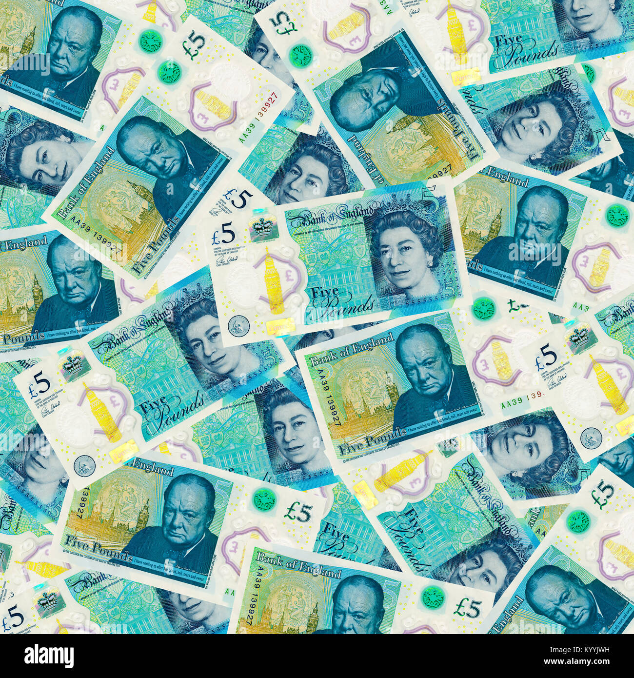 Britische 5 Pfund Sterling Notizen Overhead - neues Design 2017 Stockfoto