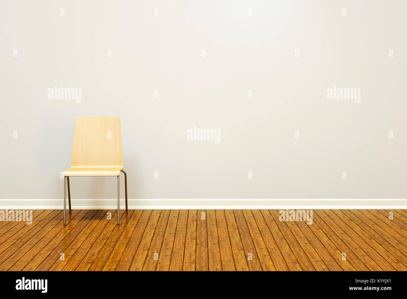 Große leere Wand in einem leeren Raum mit Holzfußboden und einfachen Stuhl Stockfoto