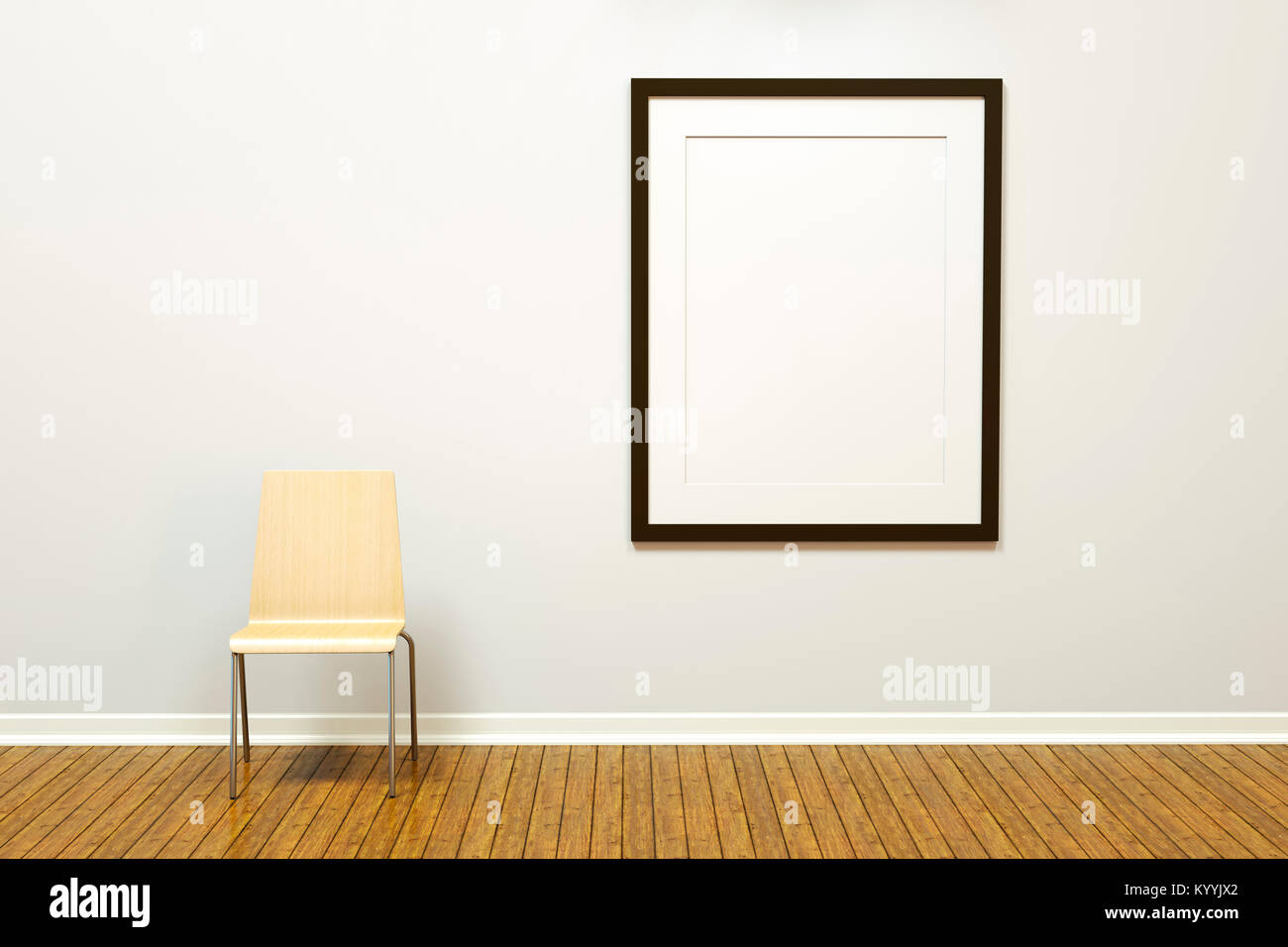 Leerer Raum mit großem leerem vertikalem Bilderrahmen an einer Wand, Kunstgalerie mit Holzboden und einfachem Stuhl Stockfoto