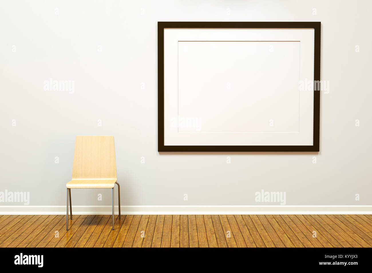 Großer leerer horizontaler Bilderrahmen in einer Kunstgalerie an einer leeren Wand in einem leeren Raum mit Holzboden und einfachem Stuhl Stockfoto