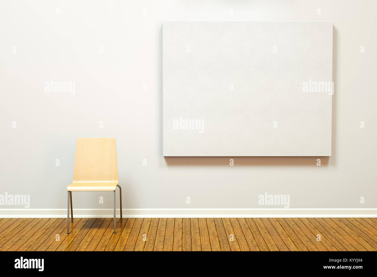 Große Leinwand block Bilderrahmen auf eine leere Wand in einem leeren Raum oder Kunstgalerie mit Holzfußboden und einfachen Stuhl Stockfoto
