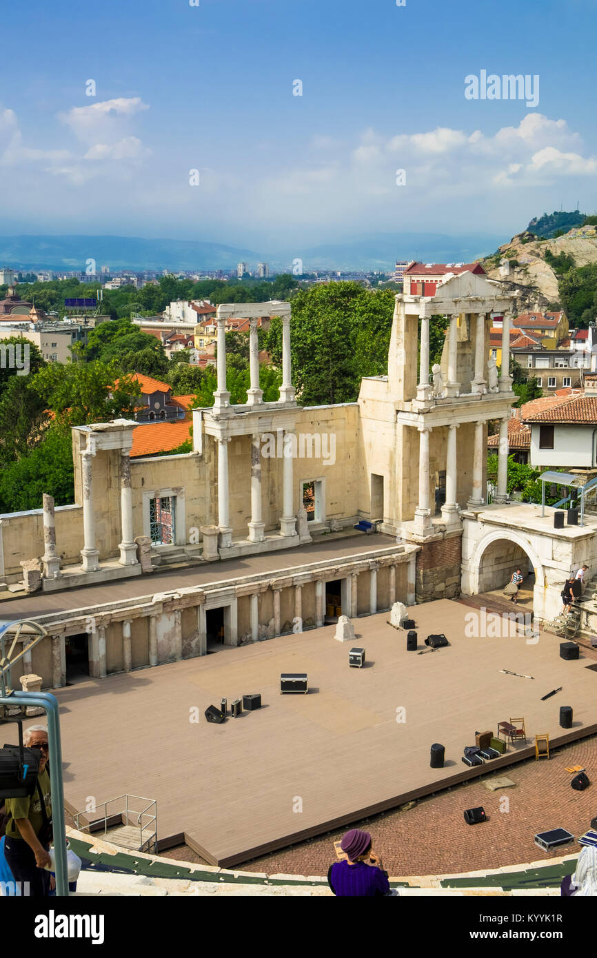 Das Römische Theater, einem antiken Amphitheater jetzt für Konzerte genutzt, Altstadt, Plovdiv, Bulgarien, Europa Stockfoto