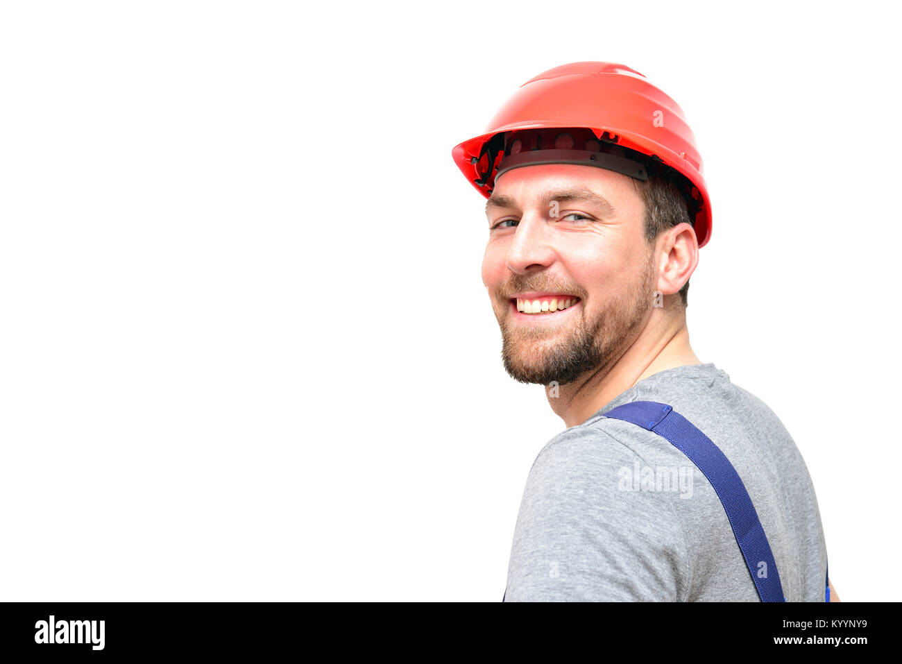 Isolierte Handwerker Bauarbeiter assembler Handwerker - freundliche Mitarbeiter in Arbeitskleidung auf weißem Hintergrund Stockfoto