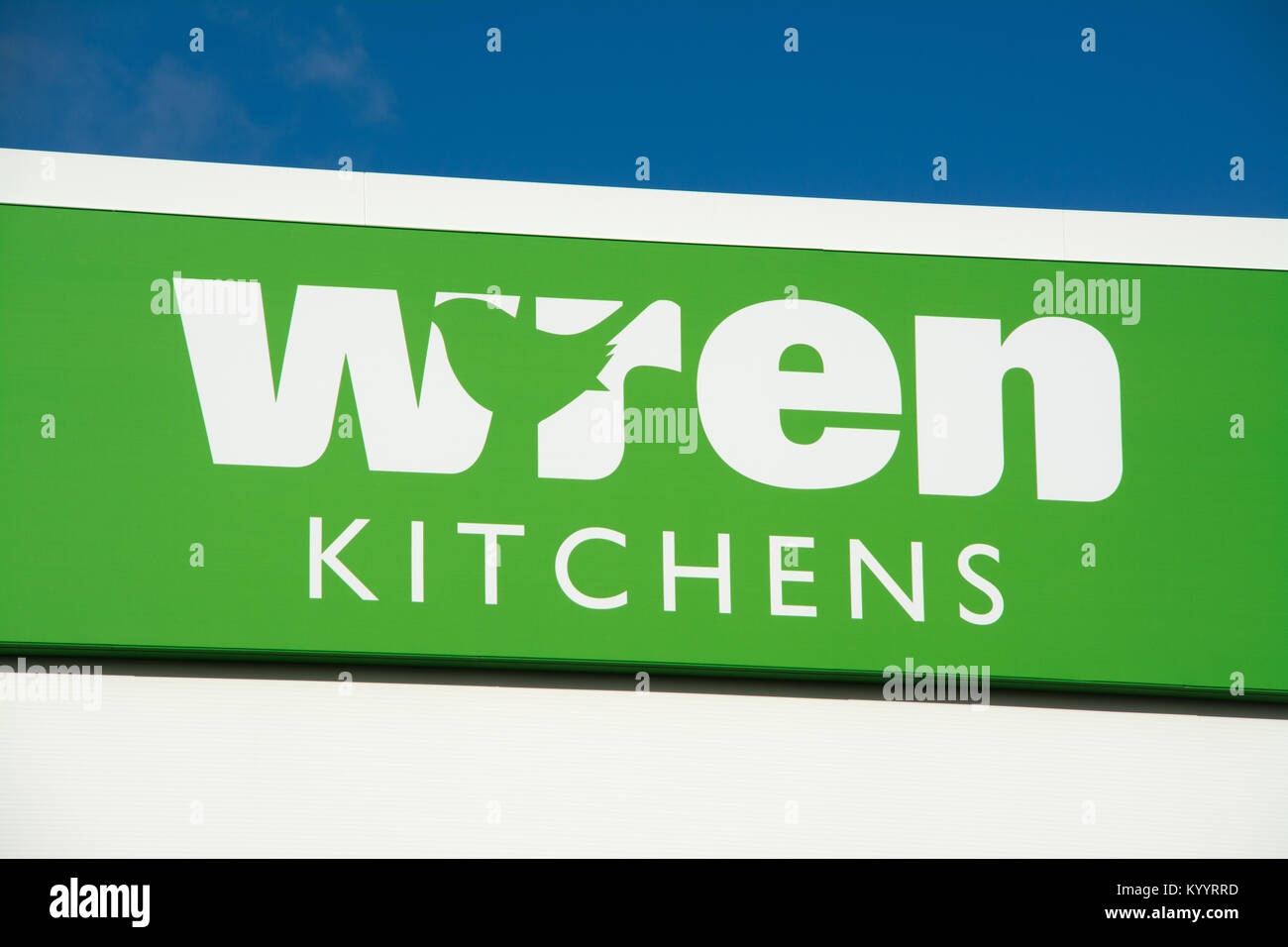 Wren Küchen shop Schilder oder Zeichen, Großbritannien Stockfoto