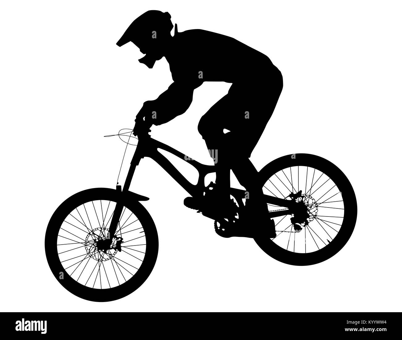 Sportler Reiter auf dem Fahrrad Mountainbike schwarze Silhouette Stockfoto