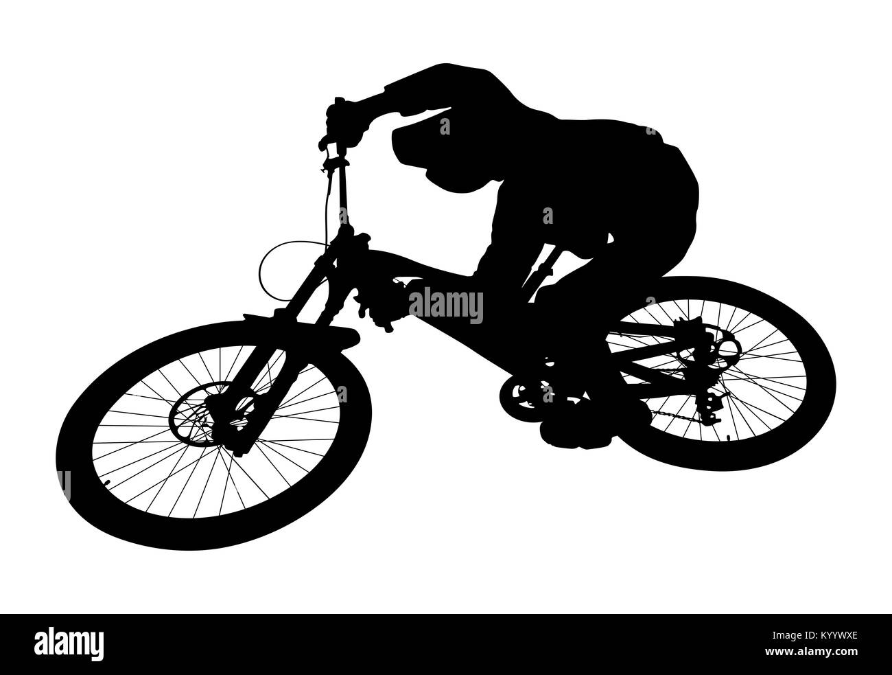 Radfahrer springen Mountainbike Downhill schwarze Silhouette Stockfoto