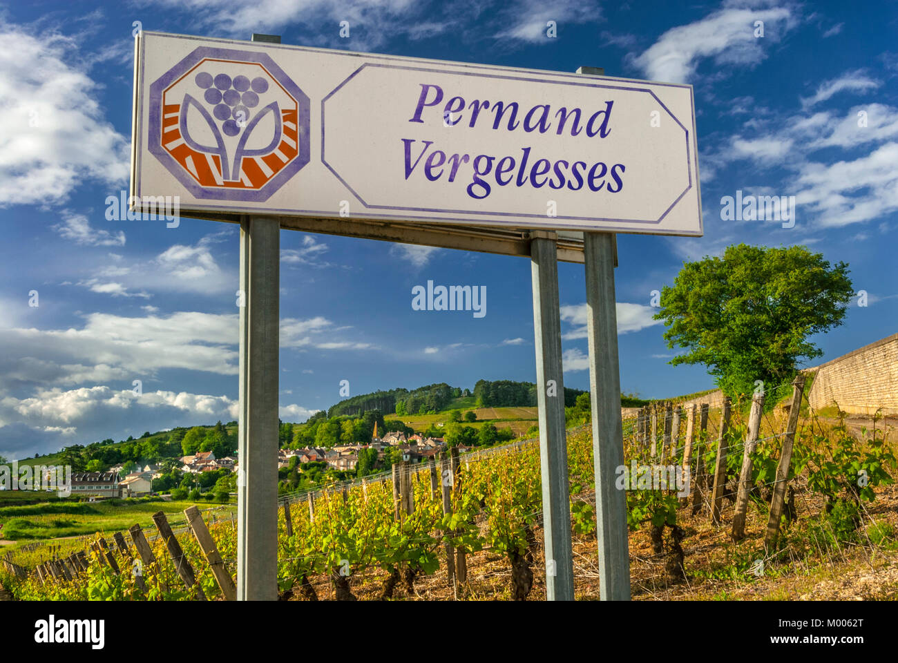 Pernand-Vergelesses Grenze zeichen Frames der berühmten weindorf und Weinberge auf dem Hügel von Corton Cote d'Or, Burgund, Frankreich. Cote de Beaune. Stockfoto