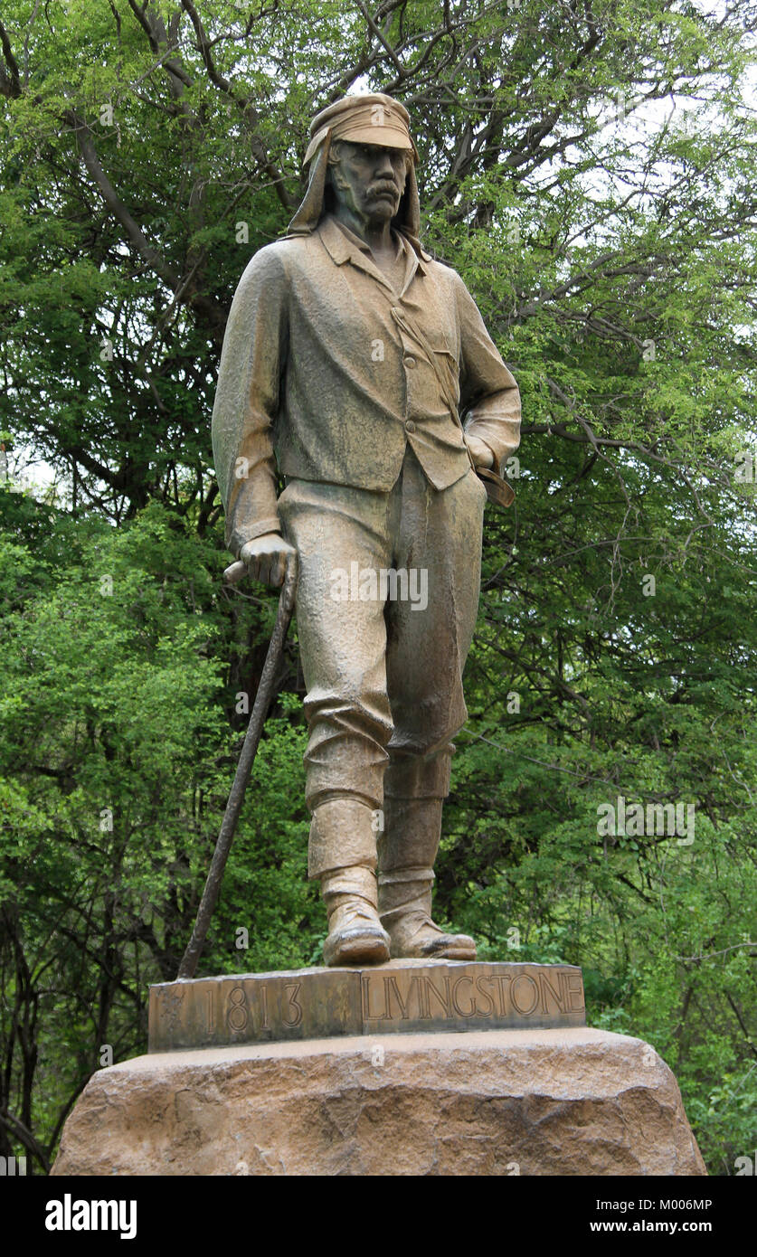 David Livingstone Statue, Mosi-Oa-Tunya, Viktoriafälle, Simbabwe. Erste Statue auf der simbabwischen Seite. Stockfoto