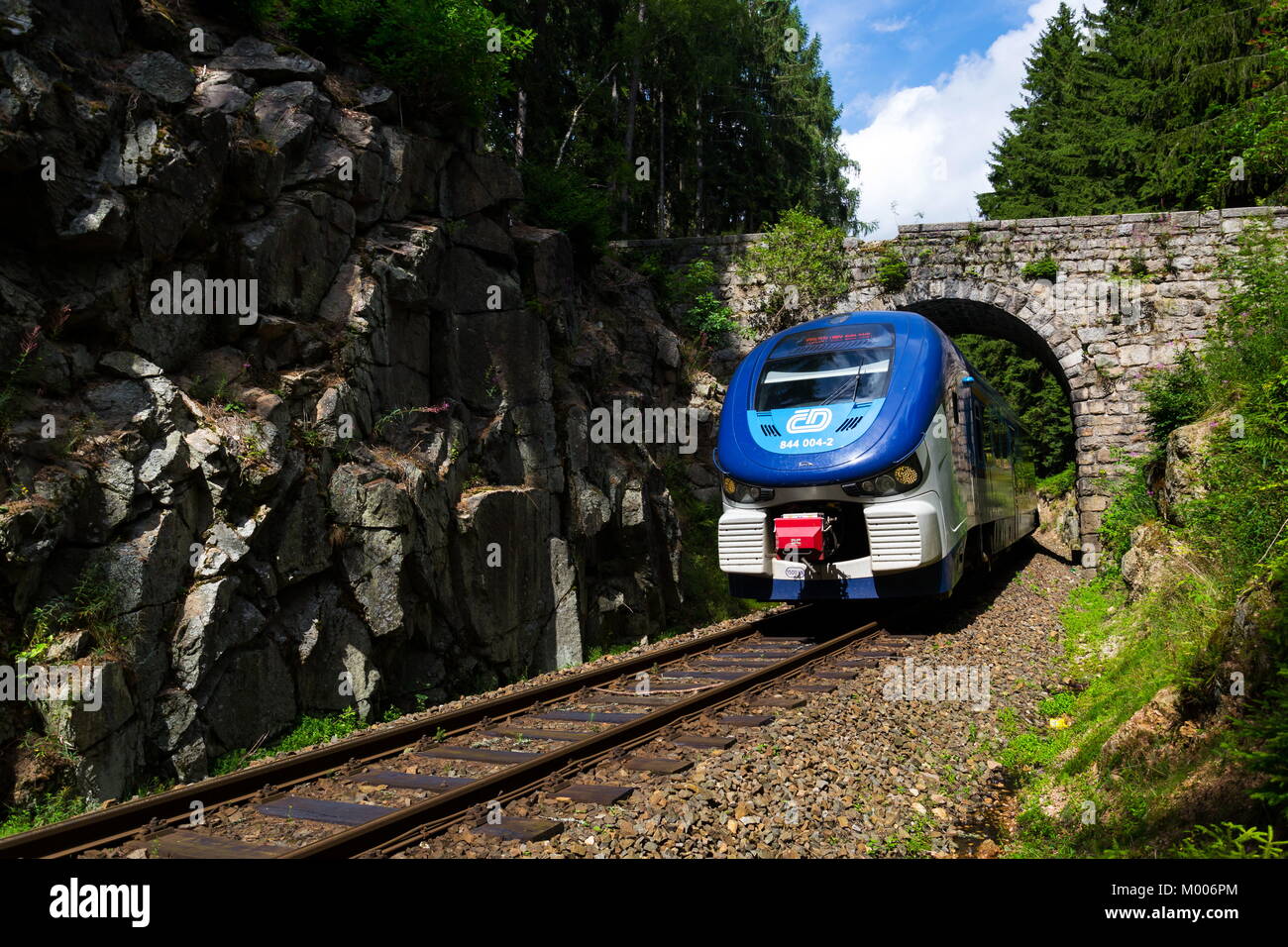 NEJDEK, TSCHECHISCHE REPUBLIK - 23. Juli: Ceske drahy CD railway Carrier Company Zug unter romantische Steinbrücke in wunderschönen Wald in Erzgebirge Stockfoto