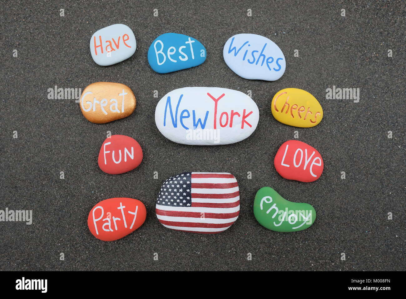 Die besten Wünsche aus New York, Vereinigte Staaten von Amerika mit farbigen Steinen Stockfoto