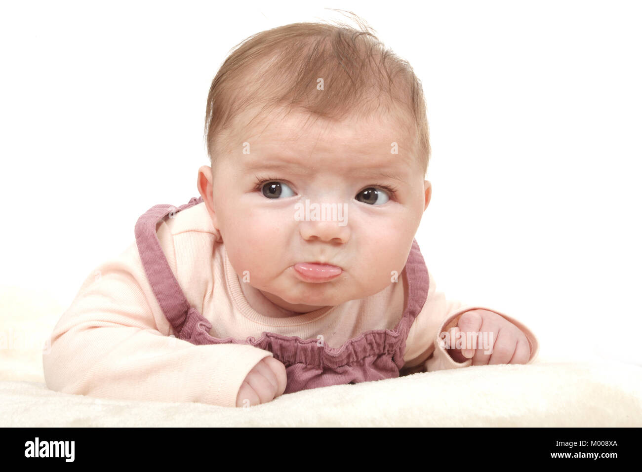 11 Wochen alten Baby Mädchen in sehr schlechte Laune, umgekippt, pet-Lippe, postnatale Depression Stockfoto