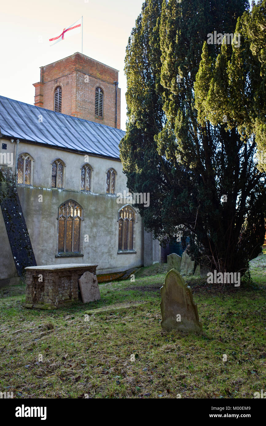 Eibe und grabsteine an der Rückseite des Grundisburgh Kirche in Suffolk. Stockfoto