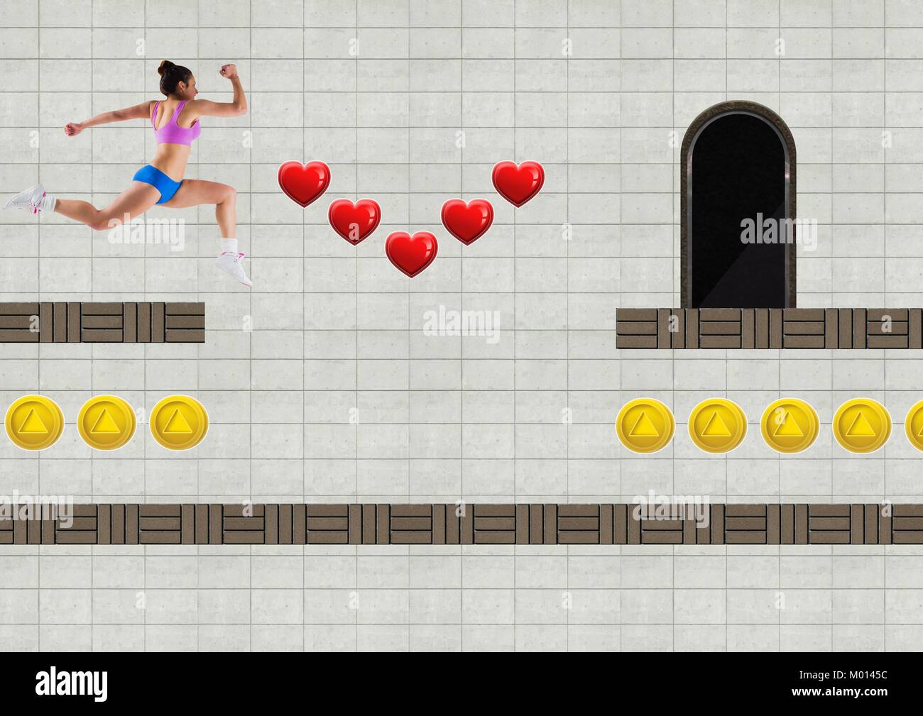 Athletische Frau in Computer Game Level mit Herzen und Münzen Stockfoto