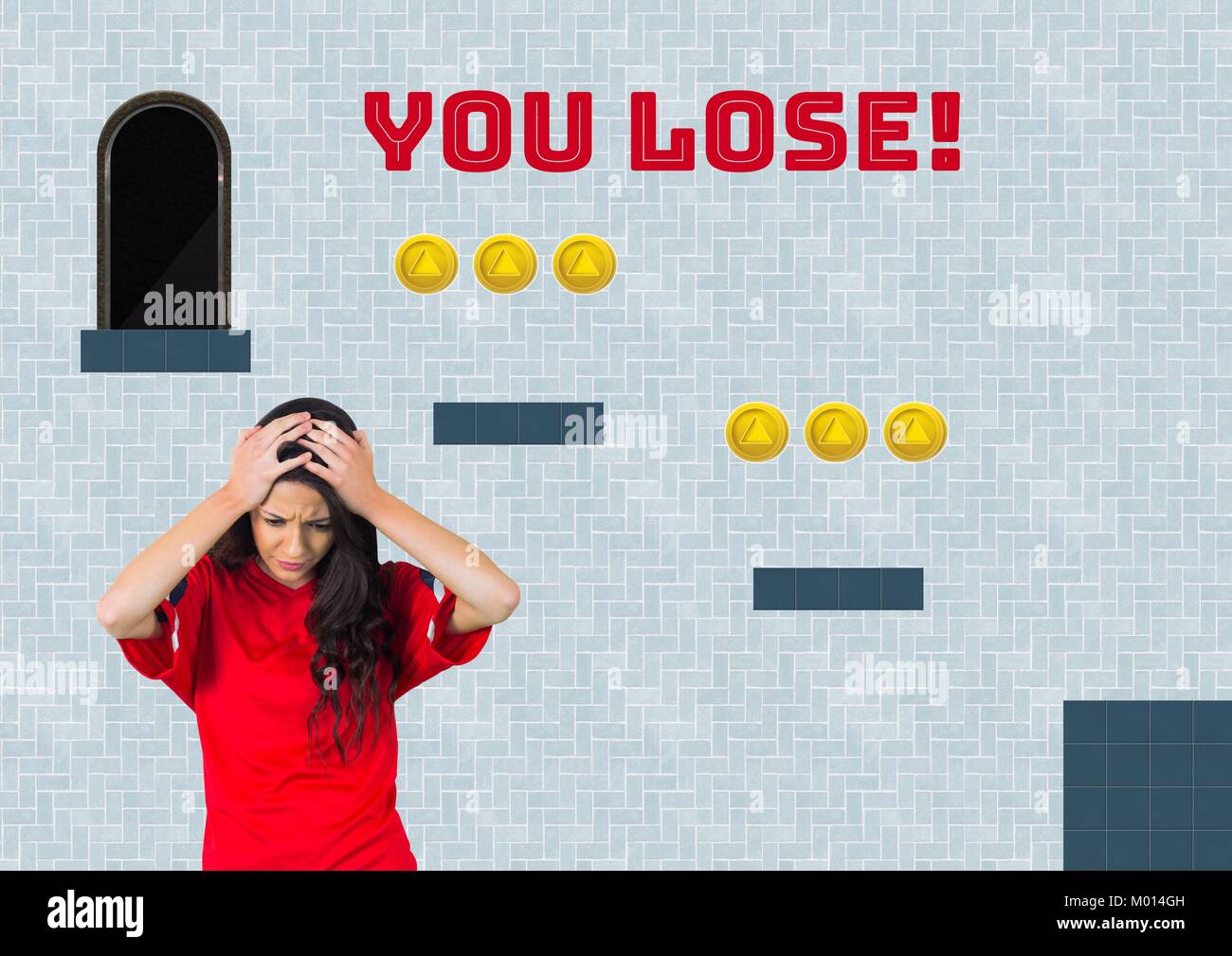 Verlieren Sie Text und Frau in Computer Game Level mit Münzen Stockfoto