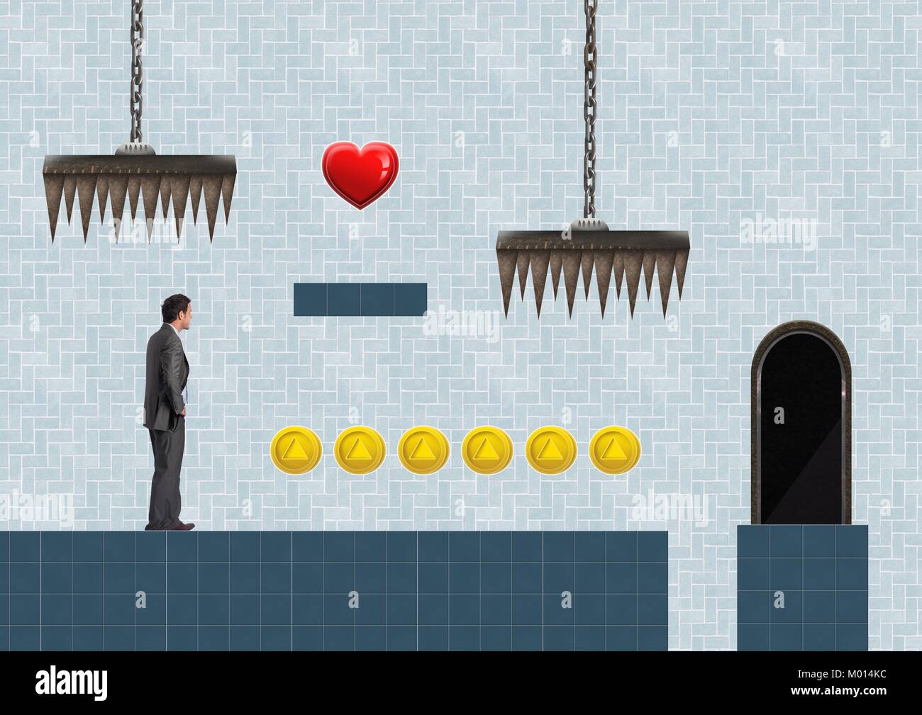 Geschäftsmann in Computer Game Level mit Münzen und Herz und Traps Stockfoto