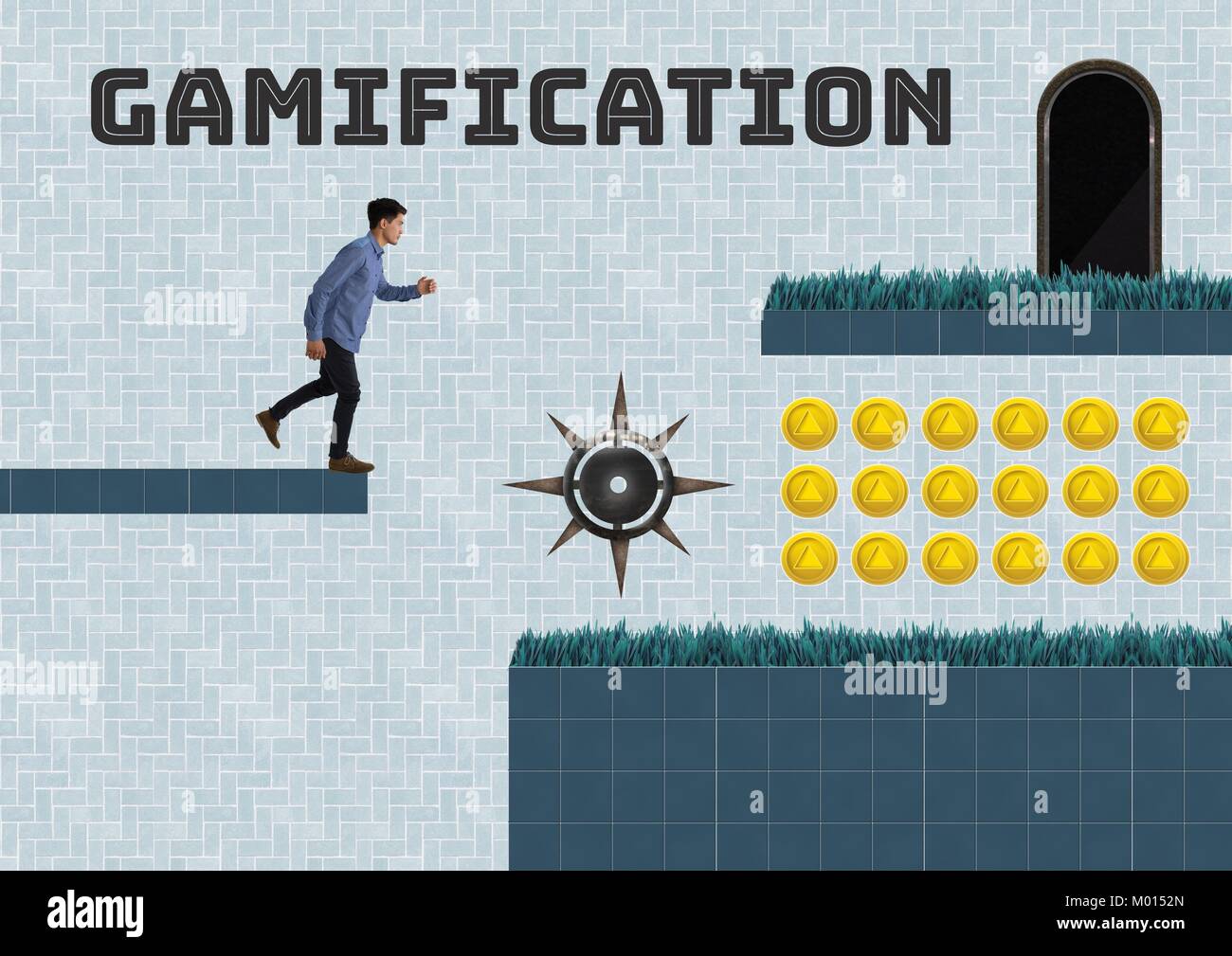 Gamification text und Mann in Computer Game Level mit Münzen und Trap ...