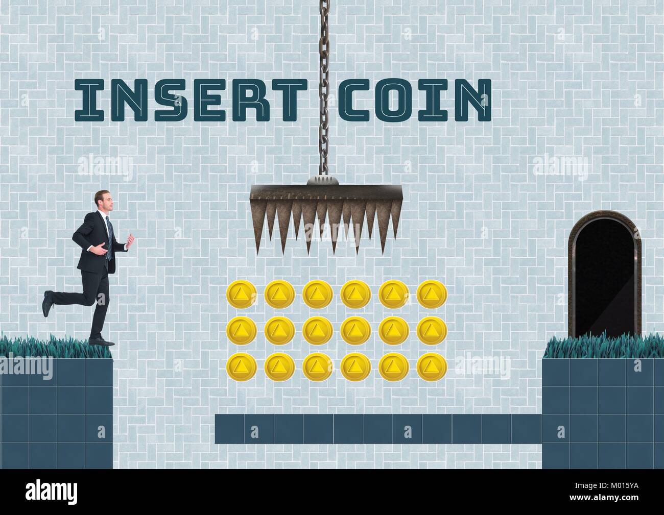 Insert Coin text und Geschäftsmann in Computer Game Level mit Münzen und Traps Stockfoto