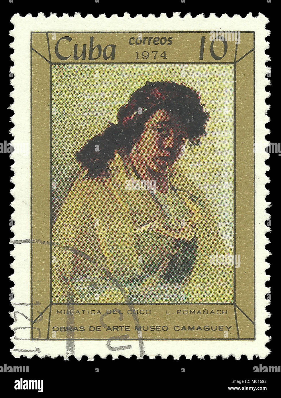 Kuba - Stempel 1974: Colour Edition zur Kunst in Camaguey Museum, zeigt Malerei Coconut Mulatica durch Romanach Stockfoto