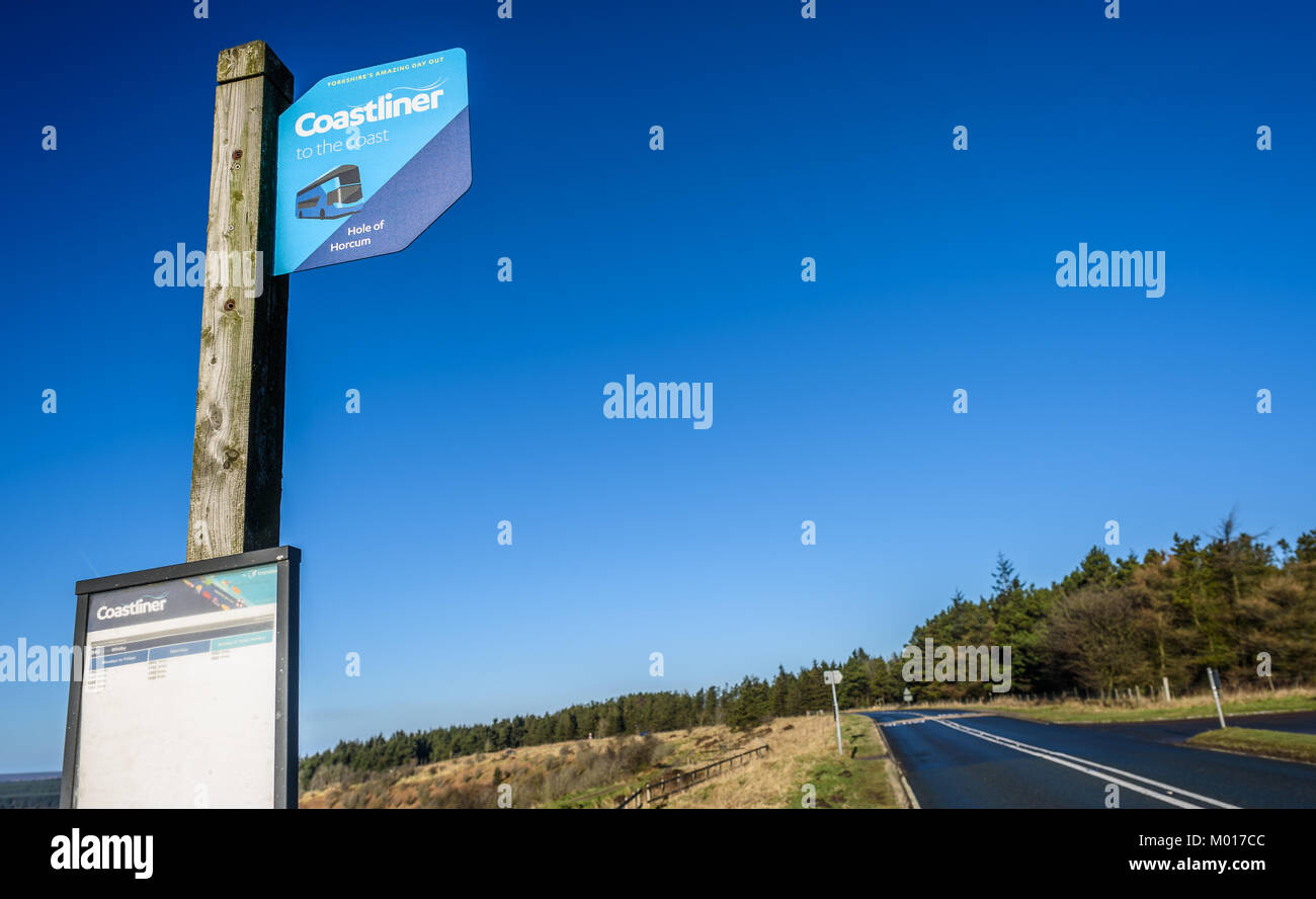 Die Coastliner Bushaltestelle an der Bohrung des Horcum, North Yorkshire, UK. Stockfoto