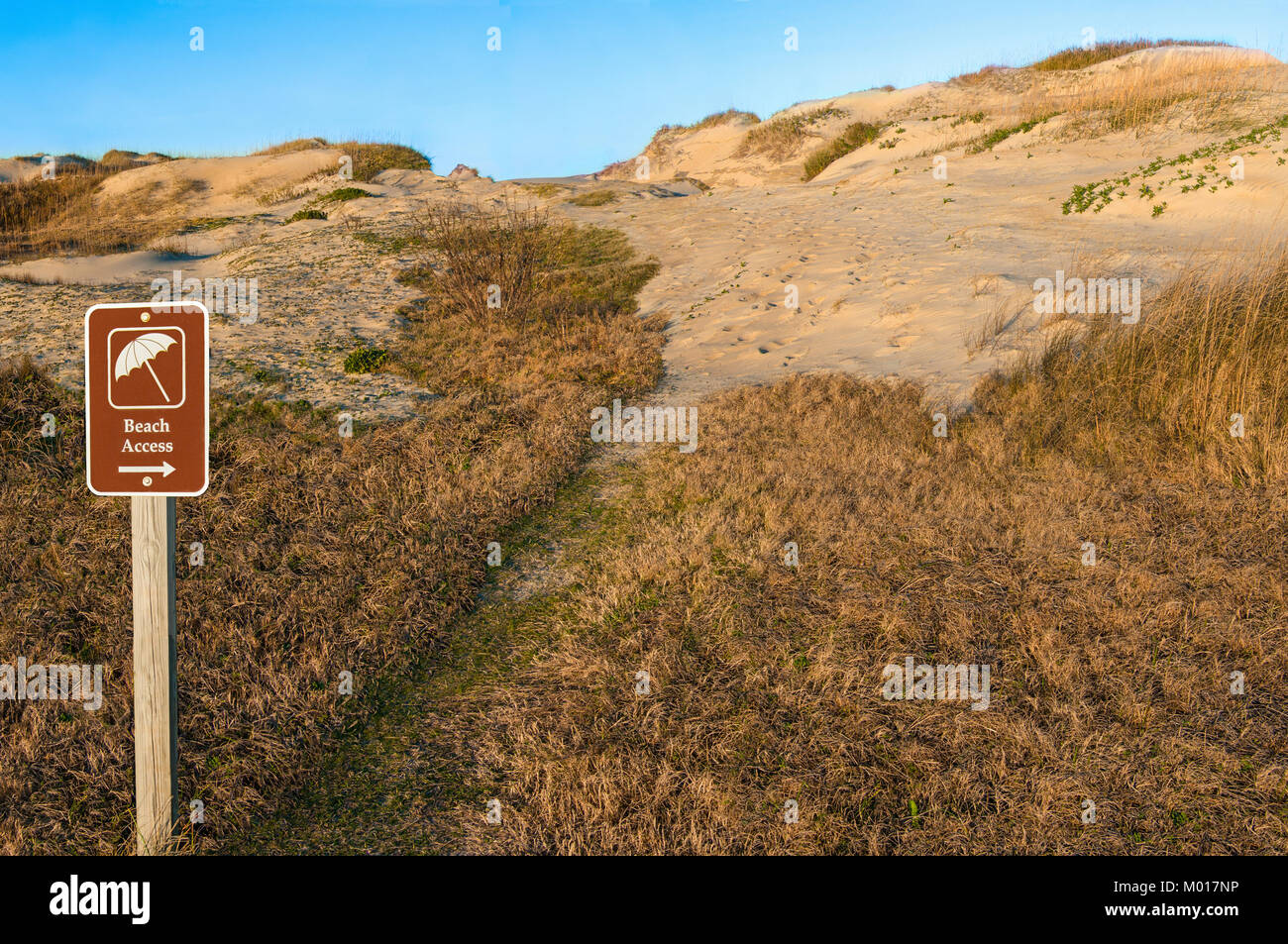 Strand Weg und Zeichen: ein Park Zeichen leitet den Wanderer über den Sand Dünen am Cape Hatteras National Seashore. Stockfoto