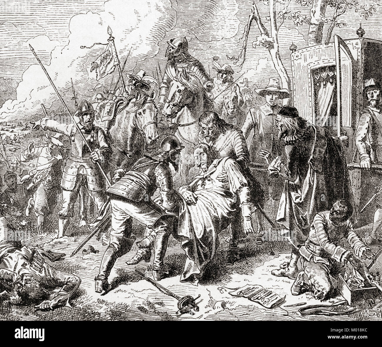 Tilly tödlich in der Schlacht bei Rain aka Kampf der Fluss Lech oder Schlacht von Lech, 15. April 1632 verwundet. Johann Tserclaes Graf von Tilly, 1559 - 1632. Feldmarschall, Kommandeur der Truppen der Katholischen Liga im Dreißigjährigen Krieg. Von Station und Lock's illustrierte Geschichte der Welt, veröffentlicht C 1882. Stockfoto