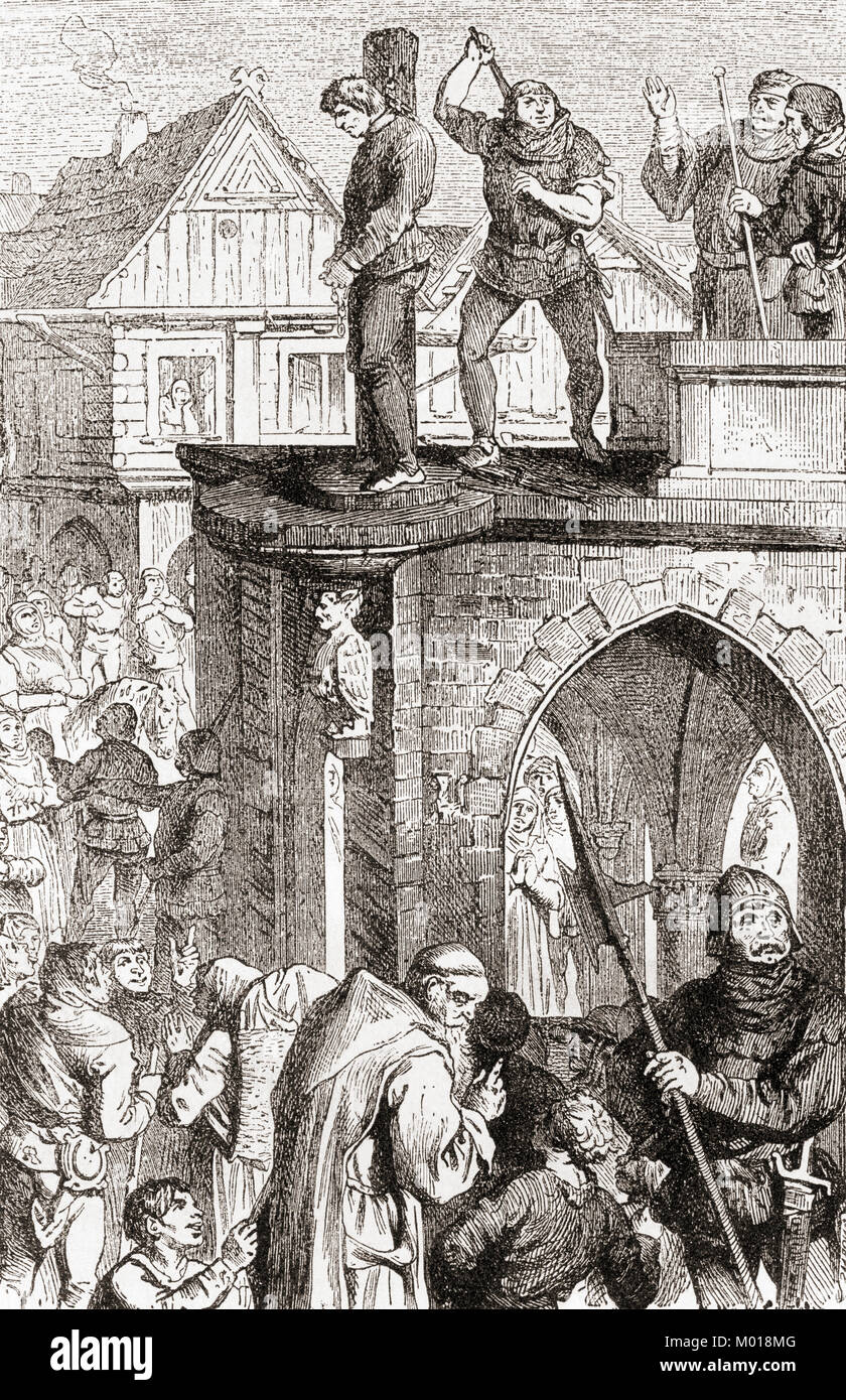 Der Pranger, ein Holz- oder Metallrahmen auf eine Post errichtet, mit Löchern für die Befestigung der Kopf und Hände, die für die Bestrafung durch öffentliche Demütigung verwendet wurde. Von Station und Lock's illustrierte Geschichte der Welt, veröffentlicht C 1882. Stockfoto