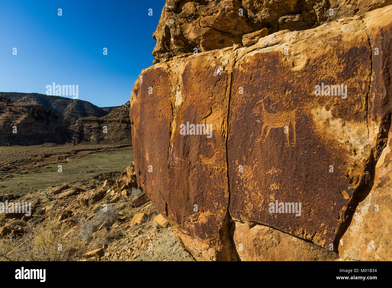 Felszeichnungen von Spiel Tier in der Wüste varning auf einer Klippe hoch über Nine Mile Canyon, Utah, USA Stockfoto