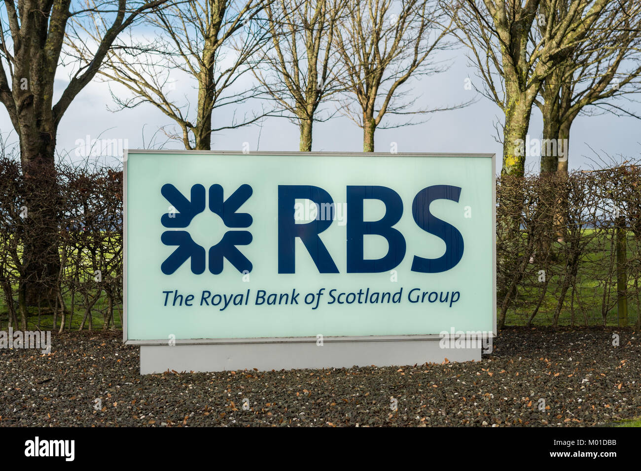 RBS Royal Bank of Scotland Zeichen außerhalb der Hypothek in Greenock, Motorradtouren, Schottland, Großbritannien Stockfoto