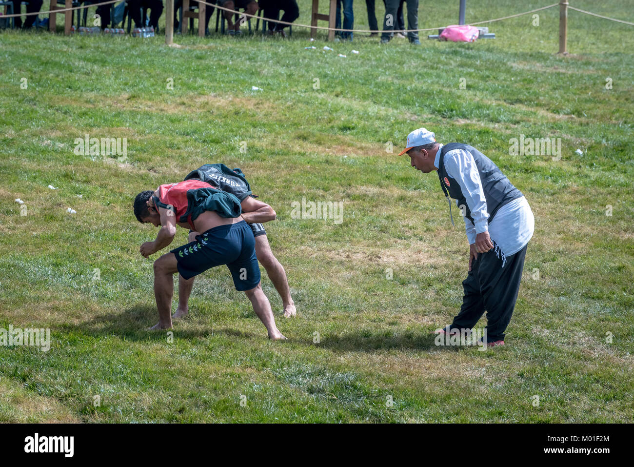 Nicht identifizierte Personen leisten aba guresi (kuroshio/Ringer) bei einer öffentlichen Veranstaltung. Aba Wrestling ist ein traditionelles Türkisches wrestling auch als Asirtmali Ab Stockfoto