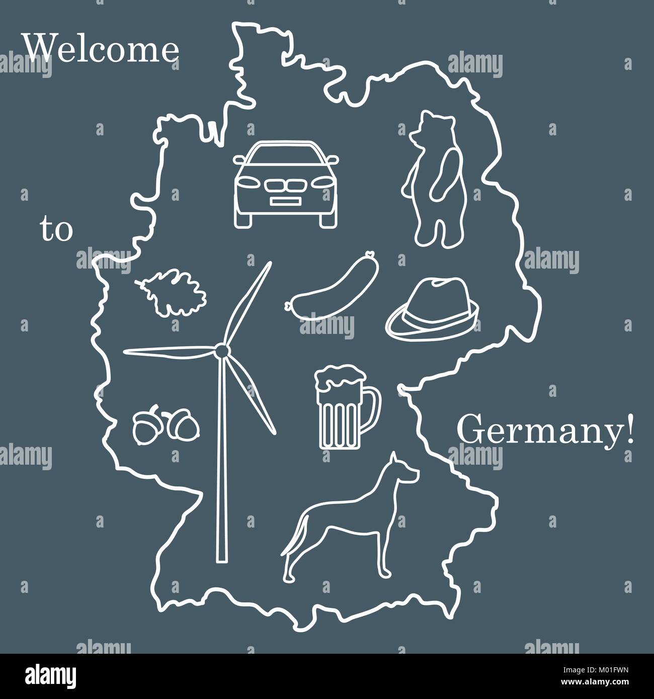 Vector Illustration mit verschiedenen Symbolen in Deutschland. Reisen und Freizeit. Design für Banner, Poster oder Drucken. Stock Vektor