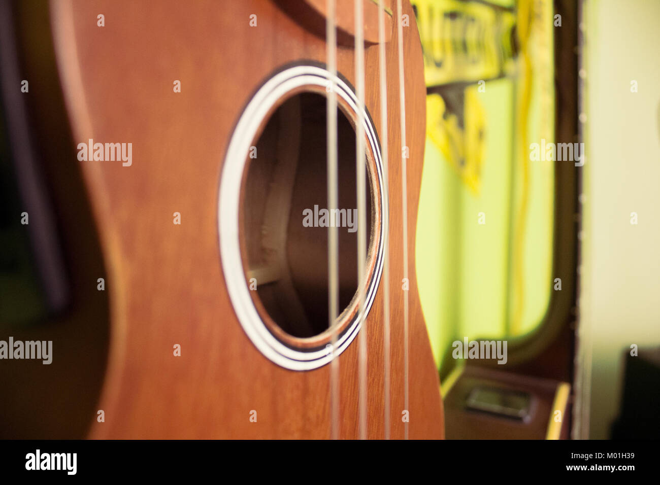 Ukulele und Gitarre Seite Blick auf grüne Wand Stockfoto
