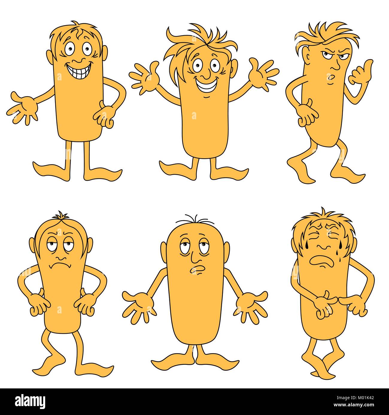 Satz von sechs Lustige männliche Charaktere mit verschiedenen Grimassen, cartoon Vektorgrafiken auf weißem Hintergrund Stock Vektor
