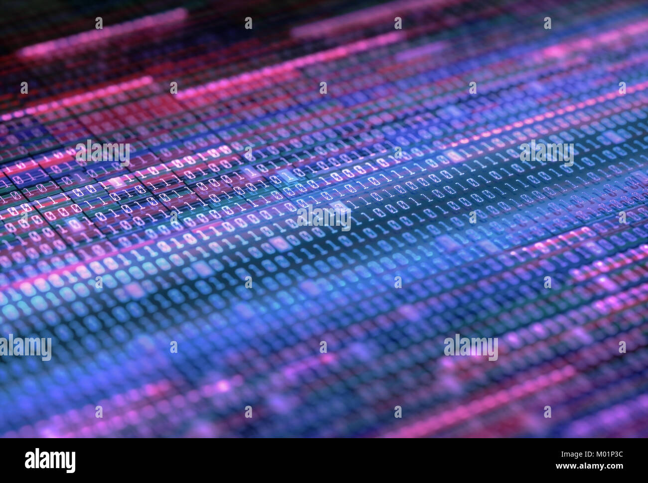 3D-Darstellung. Farbige panel mit Binärzahlen. Konzept der Daten und Informationen in der digitalen Welt. Stockfoto