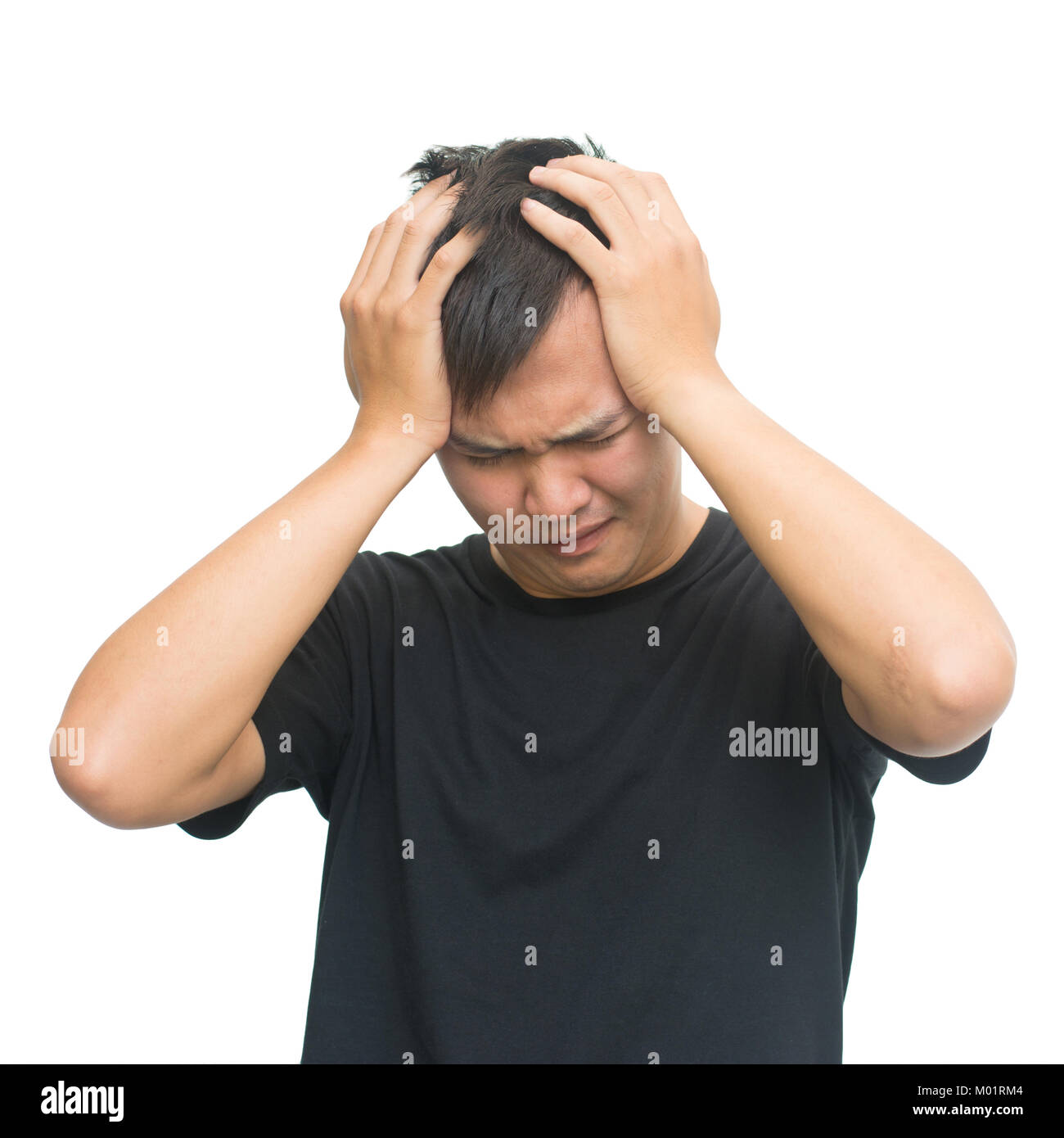 Junger Mann mit Kopfschmerzen - auf weißem Hintergrund mit freistellungspfad Isoliert frustriert Stockfoto