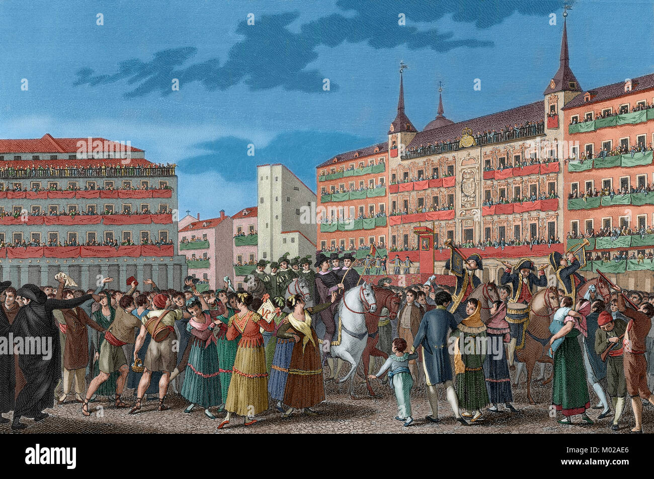 Spanien. Madrid. Ferdinand VII (1784-1833) wird zum König von Spanien in Abwesenheit am 24 August, 1808 auf dem Hauptplatz (Plaza Mayor). Gravur. Gefärbt. Stockfoto