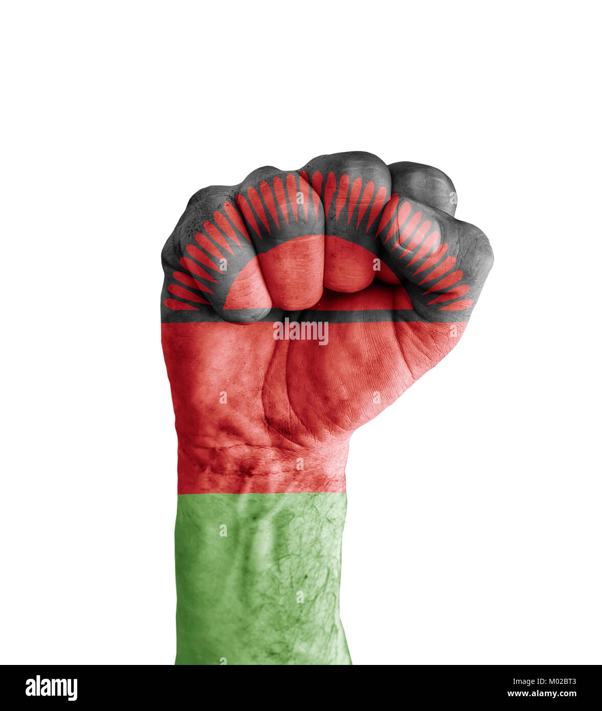 Flagge Malawi auf die menschliche Faust wie Sieg Symbol lackiert Stockfoto