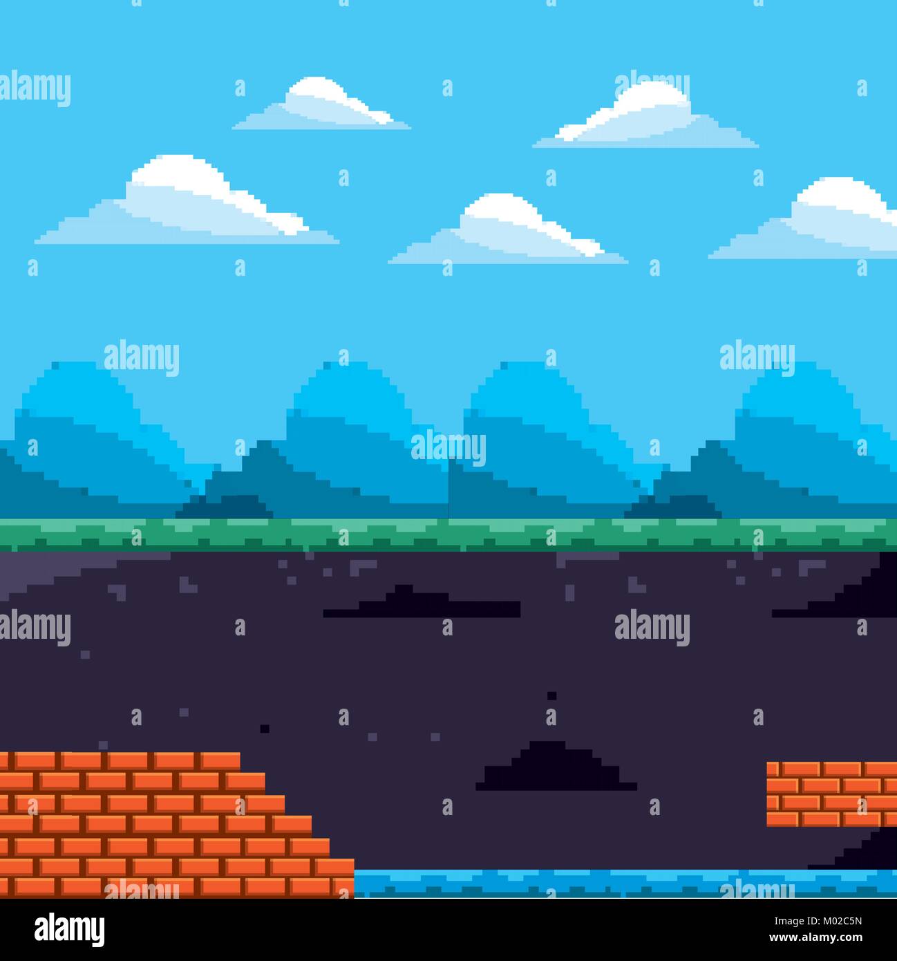 Pixel Spiel Tag und u-Ebene Ziegel und Wasser Stock Vektor