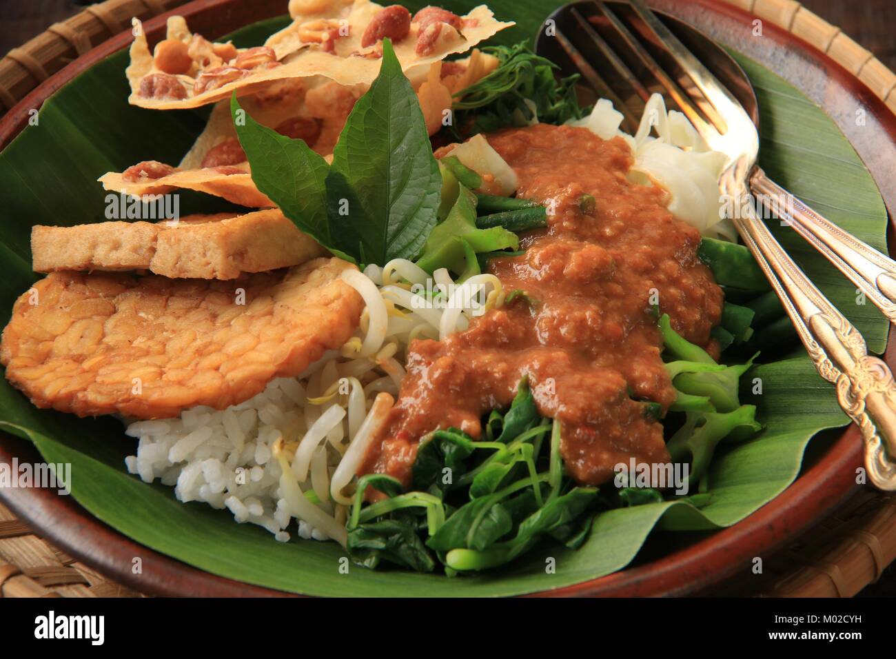 Nasi Pecel, die traditionellen javanischen Reisgericht aus gedämpftem Reis mit Gemüse Salat, Dressing, Tempeh, Tofu, und Cracker Stockfoto